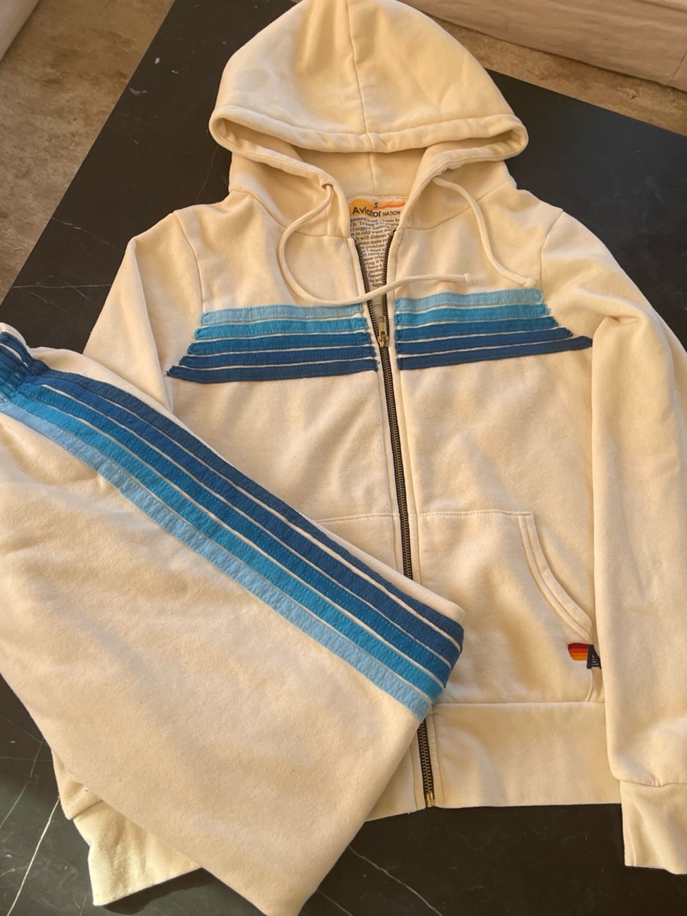 Aviator Nation Cream Zip Hoodie with Blue Gradient Stripe Size S